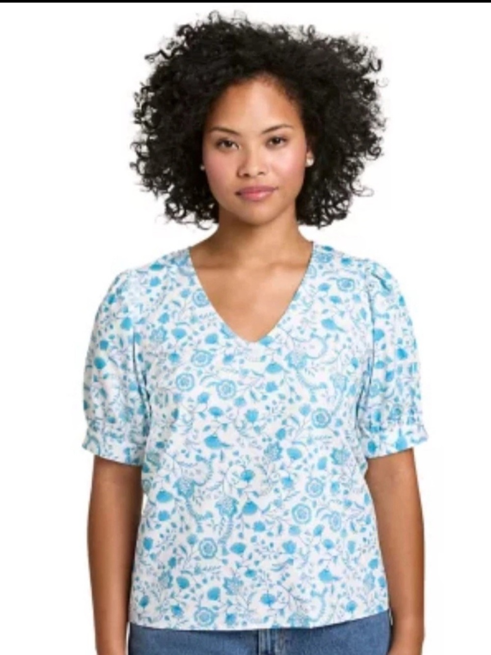 Draper James Blue Floral Puff Sleeve V-Neck Cotton Top XXL Coastal Cottagecore
